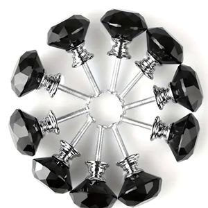 2 Black crystal glass drawer pulls knobs
